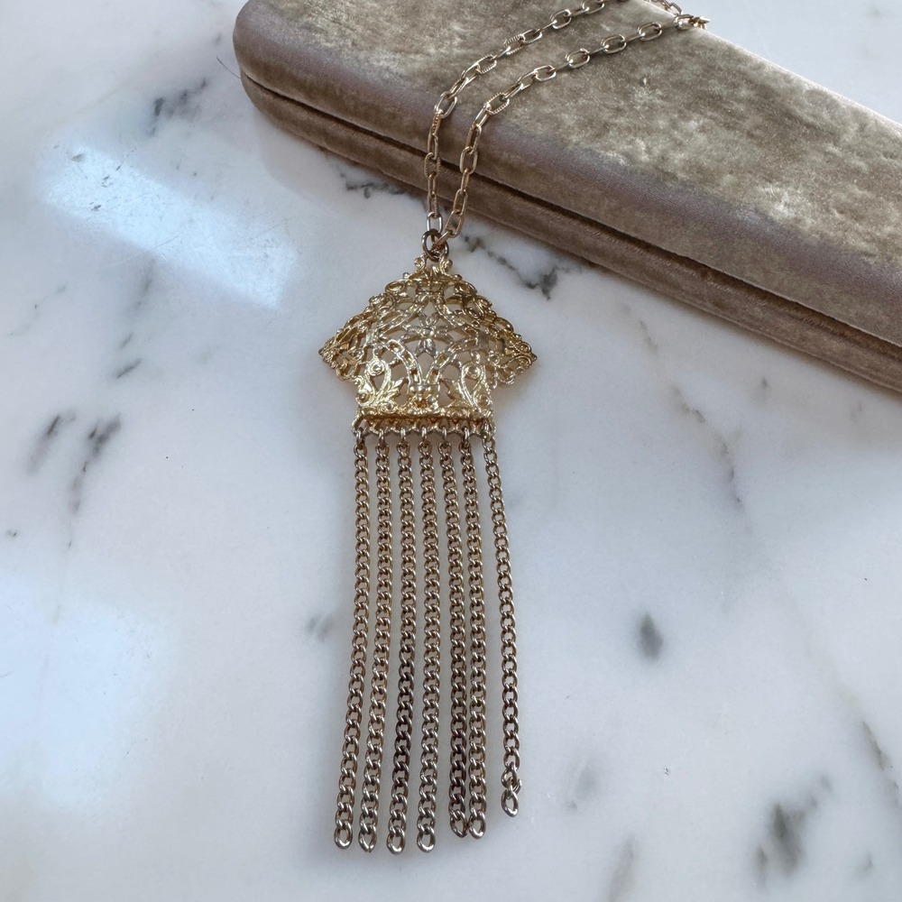 Vintage Boho Style Tassel Statement Necklace Gold Tone Festival Estruscan Mogul - Picture 4 of 9